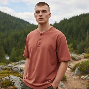 L.L. Bean Mens Medium Orange Organic Cotton Henley Tee Slightly Fitted Outdoor